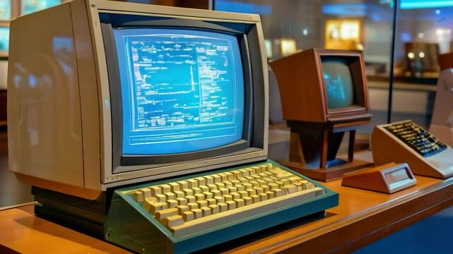 Vintage Computer with CRT Monitor and Keyboard on Display