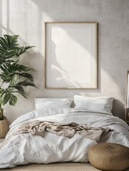 Nordic Bedroom Interior Design with Blank Poster Frame on Wall