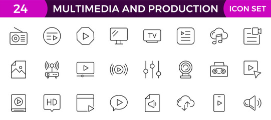 Multimedia and Production icon set. Cinema icon set. Movie sign collection. Set of cinema, movie, video icons, collection film, TV. Popcorn box package Big movie reel. Outline icon set collection.