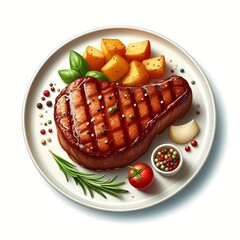 Grilled steak with roasted potatoes, fresh herbs, and spices on a white plate