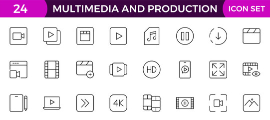 Multimedia and Production icon set. Cinema icon set. Movie sign collection. Set of cinema, movie, video icons, collection film, TV. Popcorn box package Big movie reel. Outline icon set collection.