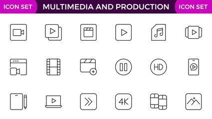 Multimedia and Production icon set. Cinema icon set. Movie sign collection. Set of cinema, movie, video icons, collection film, TV. Popcorn box package Big movie reel. Outline icon set collection.