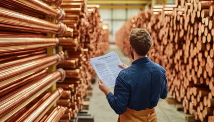 Worker inspecting copper pipe inventory in warehouse