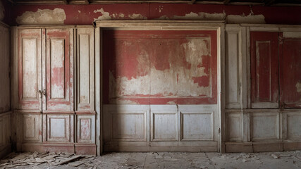 Old abandoned room with cracked walls and dusty peeling red door and window in vintage atmosphere.