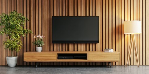 Modern Living Room Interior with Television, Furniture, and Plants on Elegant Wooden Wall Background