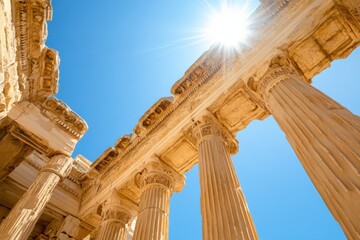 Fototapeta premium Sun-drenched ruins, showcasing magnificence of Roman architecture, towering against clear blue sky