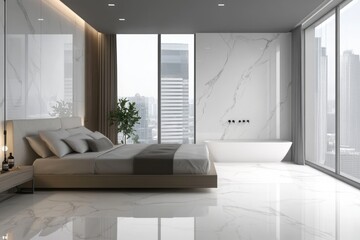 Modern Luxurious Bedroom and Bathroom Design with Marble Tub and Minimalist Decor