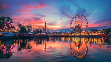 great fair with games and wheel of fortune in a beautiful dramatic sunset