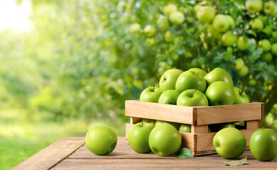 Fresh green apples on wooden table in apple garden.
