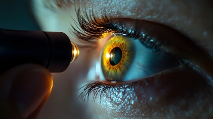 A close-up of a vibrant human eye being examined with a flashlight, showcasing intricate details...