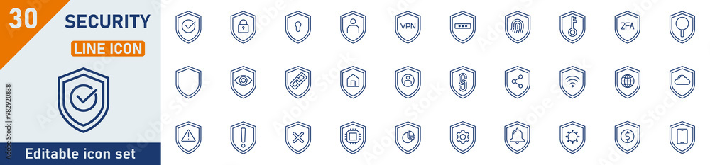 Wall mural security line icon set. set of 30 outline icons related to security guard, cyber security, home secu