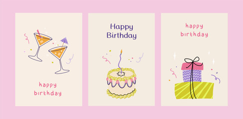 Happy birthday card set. Trendy greeting cards with birthday cake, cocktails, gifts. Cute and elegant vector illustration templates in simple style