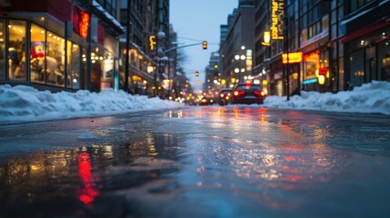 Naklejka premium City street scene at dusk with snow-covered sidewalks, wet reflective pavement, illuminated shop windows, and blurred car lights in the background.