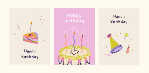 Happy birthday card set. Trendy greeting cards with bento cake and party hat. Cute and elegant vector illustration templates in simple style