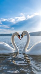 Two white swans gliding on calm water under radiant sky Vertical Mobile Wallpaper