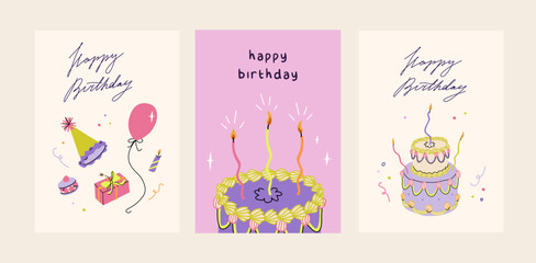 Happy birthday card set. Trendy greeting cards with tired birthday cake, party hat, gifts. Cute and elegant vector illustration templates in simple style