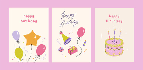 Happy birthday card set. Trendy greeting cards with ruffle cake, helium balloons, party hat, gifts. Cute and elegant vector illustration templates in simple style