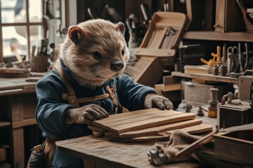 a busy beaver in a carpenter's uniform building a wooden chair in a workshop