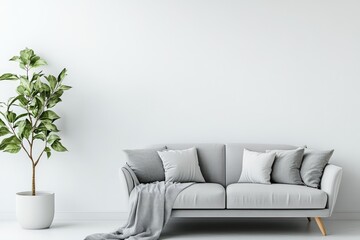 Modern Living Room Interior with White Walls, Vertical Poster Mockup, Cozy Armchair, and Plant Decoration