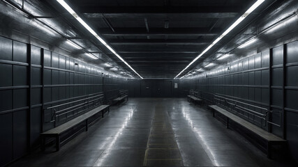 Long corridor in a dimly lit prison with barred cells on both sides and a door at the end.