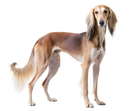 Saluki dog staying and looking on white background. Dog with long snout, floppy and long-haired ears and brown eyes.