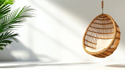 Obraz premium Stylish hanging chair with a cozy cushion set against a minimalist backdrop and lush greenery, perfect for relaxation.