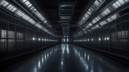 Fototapeta premium Long corridor in a dimly lit prison with barred cells on both sides and a door at the end.