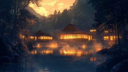 Fototapeta premium Tranquil Dusk Scene of Traditional Hot Spring Bathhouse with Illuminated Warm Lights Inside