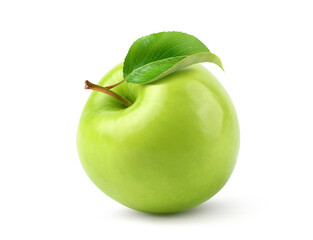 Fresh green apple with leaf isolated on white background. Clipping path.