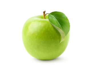 Fresh green apple with leaf isolated on white background. Clipping path.
