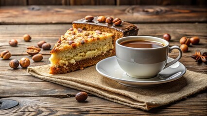 Breakfast coffee morning with cake slice and hazelnuts on rustic background