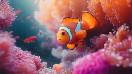 Close-up shot of a vibrant clownfish engaging in playful behavior, surrounded by surreal, luminescent coral formations, oil painting style, vivid colors and textures