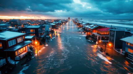 A coastal town submerged in floodwaters after a severe storm, with homes and beaches heavily impacted by coastal flooding
