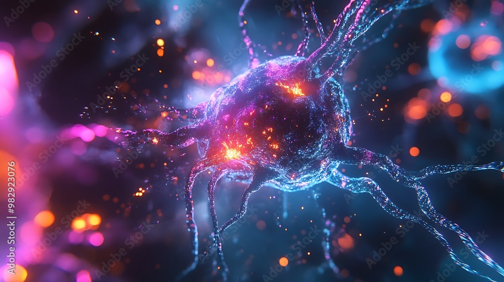 Poster illuminated neuron firing with glowing synapses, symbolizing memory retention core