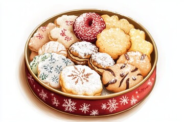 a cheerful scene of a japanese holiday cookie tin filled with assorted homemade cookies, topped with powdered sugar resembling snow illustration