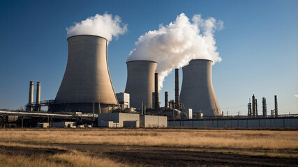 Nuclear power plant with three cooling towers and clear blue sky in the background, emitting white steam.