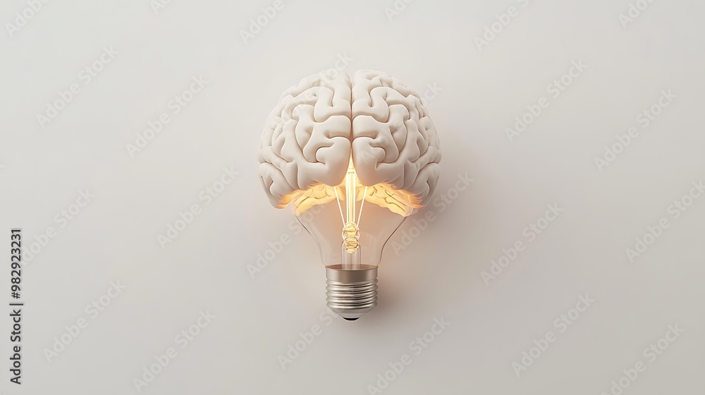 Poster brain and lightbulb minimalist symbol sparking learning and memory retention on white background