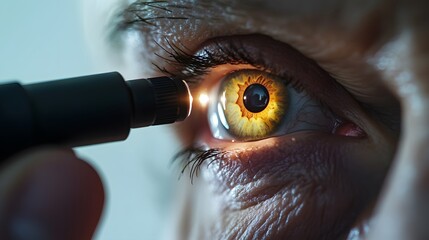 Close-up of an eye examination highlighting detailed iris patterns and light reflection during a...