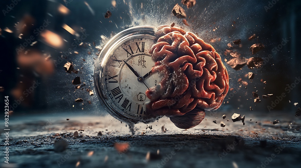 Poster time unraveled: surreal clock morphing into brain symbolizes time-memory link
