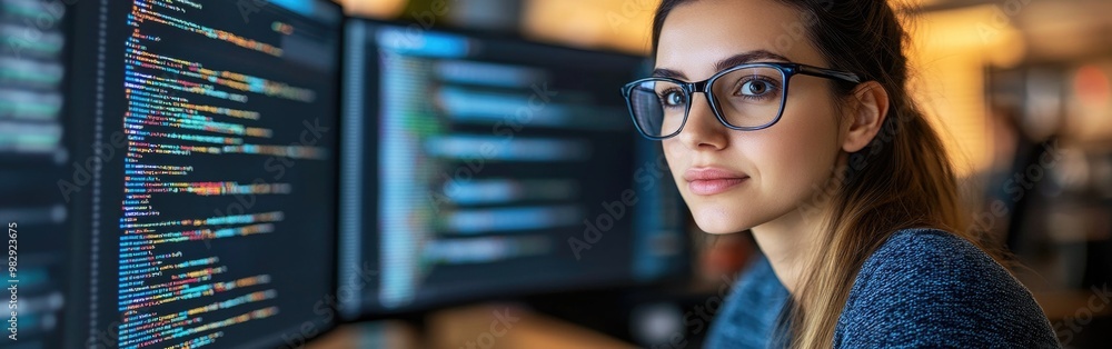 Poster a young female programmer intently analyzes complex data displayed on digital screens