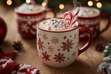 a close-up of holiday mugs with festive designs, filled with steaming hot chocolate and peppermint sticks