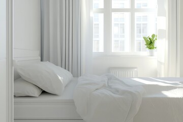 Naklejka premium White Corner Bedroom with Single Bed and Wardrobe in Modern Interior
