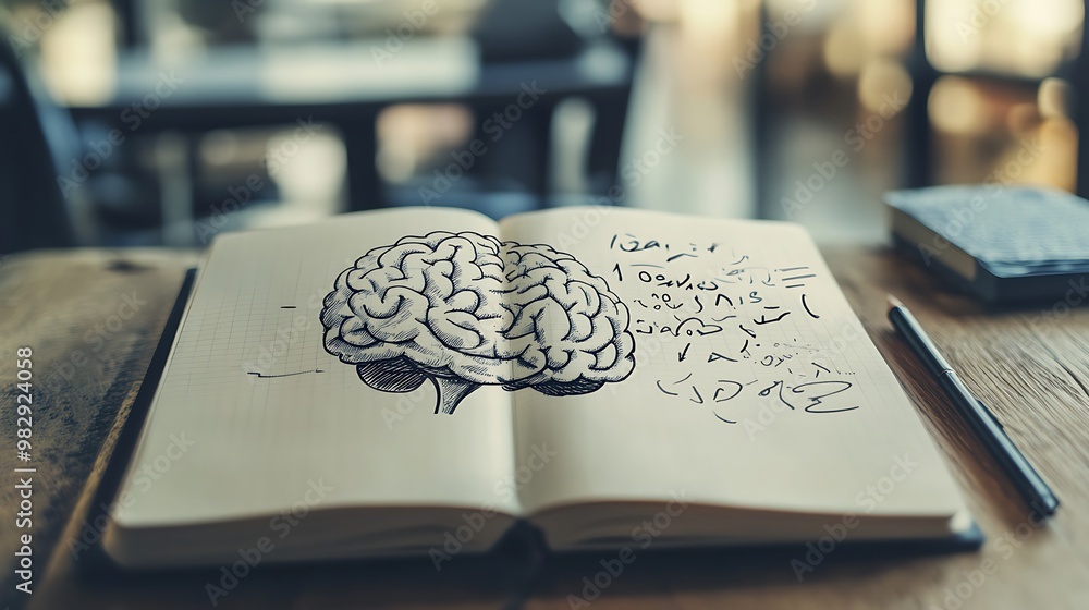 Poster mindful learning: notebook notes transforming into brain, memory retention concept
