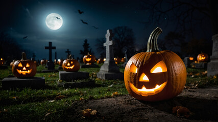 Spooky Jack Lantern at cemetery at night.