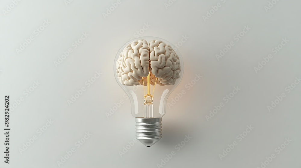 Poster Illuminating Ideas: Minimalist Lightbulb to Brain Transformation Symbolizing Idea-Memory Connection on White Background