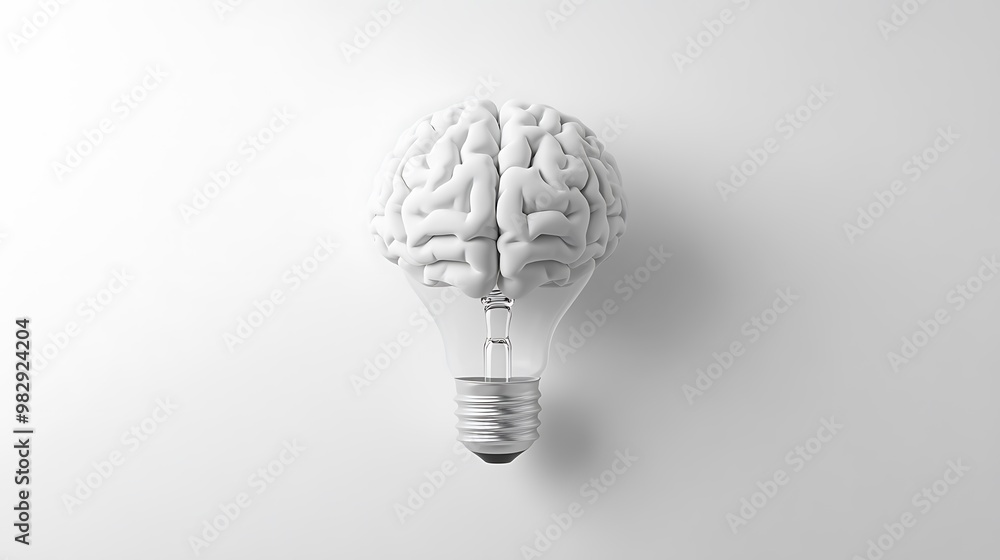 Poster illuminating creativity: minimalist lightbulb transforms into brain on white background