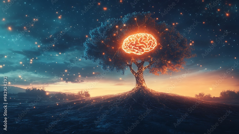 Poster illuminated neural tree of knowledge - abstract represention of learning concept with brain connecti