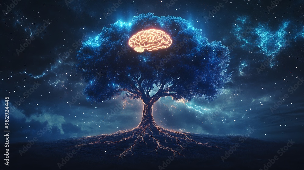 Poster illuminating path of knowledge: abstract tree of learning with neural roots reaching glowing brain i