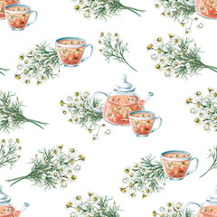 Seamless pattern on a white background with a teapot and a cup with tea and bouquets of chamomile. Watercolor illustration for the design of tea menus, cookbooks, spas, pharmacies, packaging