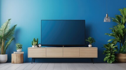 Modern Living Room Interior with Smart TV on Cabinet Against Elegant Blue Wall Background